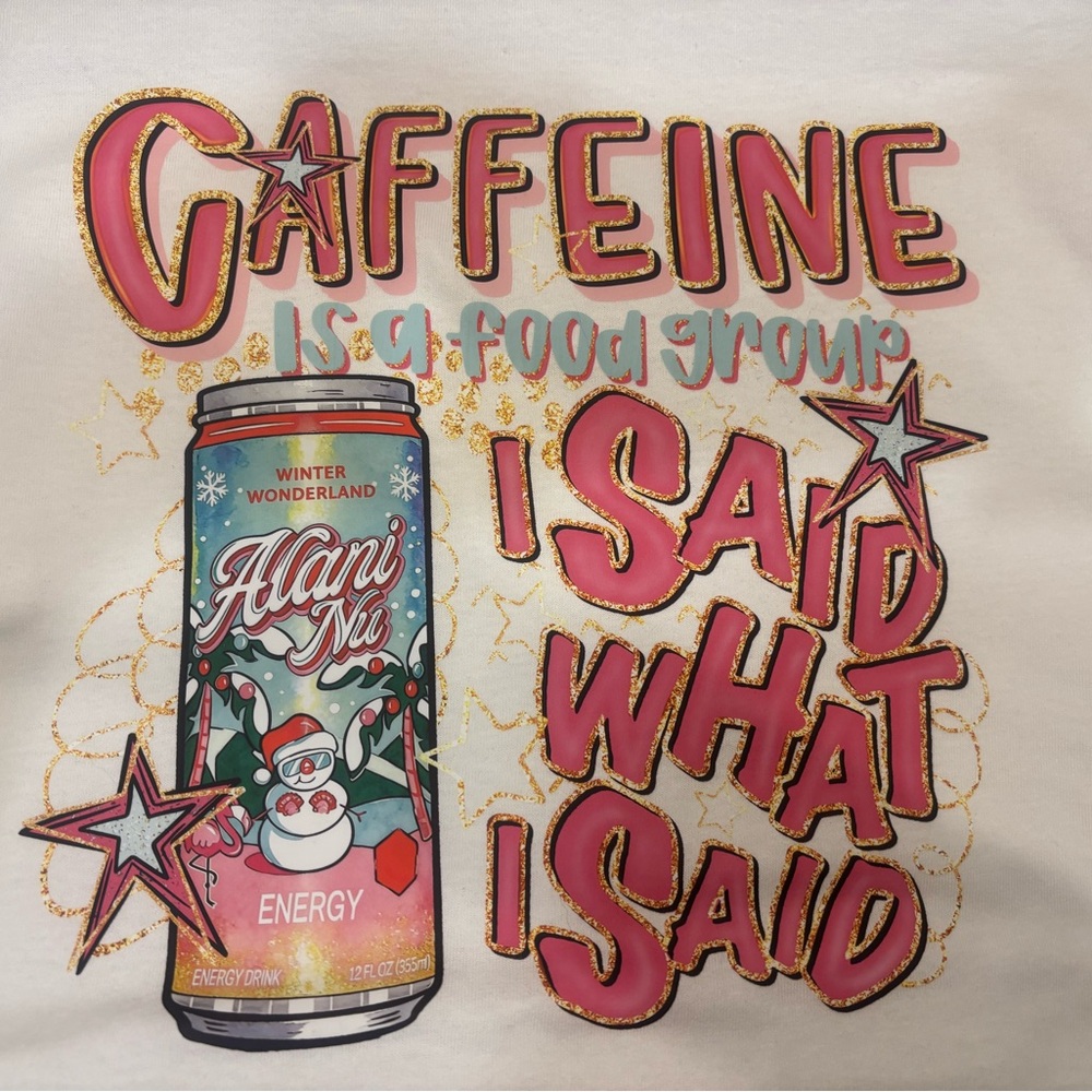 Gildan White Tee with Colorful Caffeine Graphic